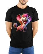 Funny Smiling Hyena Cartoon Tee Colorful Wild Animal Art - model wearing black tee with hands behind back
