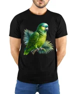 Vibrant Green Parrot Art Tee Tropical Bird Graphic Style - model wearing black tee with hands behind back