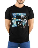 Space Astronaut Letter F Art Tee Cosmic Cartoon Galaxy Style - model wearing black tee with hands behind back