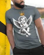 Crowned Rebel Angel Baby Art Tee Graphic Streetwear - model wearing grey tee, leaning on column
