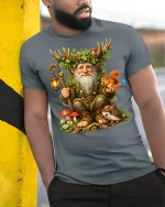 Whimsical Forest Guardian Gnome Art Tee Magical Nature Style - model wearing grey tee, leaning on column
