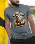 Funny Crazy Goat Cartoon Tee Wild Farm Animal Humor Art - model wearing grey tee, leaning on column