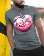 Cute Angel Puppy Heart Nest Tee Sweet Love Cartoon Art - model wearing grey tee, leaning on column