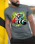 Cute Wide Eyed Lemur Jungle Art Tee Colorful Cartoon Style - model wearing grey tee, leaning on column