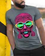 Neon Psychedelic Face Art Tee Retro Futuristic Trippy Style - model wearing grey tee, leaning on column