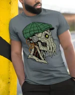 Cyberpunk Cthulhu Detective Art Tee Dark Sci Fi Horror Style - model wearing grey tee, leaning on column
