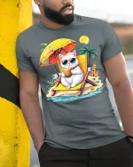 Cool Beach Cat Vacation Tee Funny Summer Cartoon Art - model wearing grey tee, leaning on column