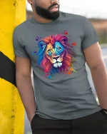 Colorful Lion Art Tee Bold Watercolor Wildlife Graphic Style - model wearing grey tee, leaning on column