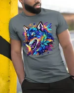 Fierce Colorful Wolf Art Tee Neon Feather Fantasy Graphic - model wearing grey tee, leaning on column