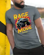 Rage Mode Monster Truck Tee Off Road Power Graphic Style - model wearing grey tee, leaning on column