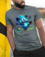 Funny Blue Furry Monster Tee Color Splash Cartoon Art Style - model wearing grey tee, leaning on column
