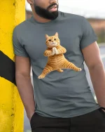Funny Yoga Cat Pose Tee Cute Zen Animal Graphic Style - model wearing grey tee, leaning on column