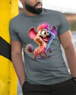 Funny Smiling Hyena Cartoon Tee Colorful Wild Animal Art - model wearing grey tee, leaning on column