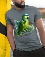 Vibrant Green Parrot Art Tee Tropical Bird Graphic Style - model wearing grey tee, leaning on column