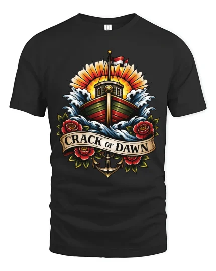 Crack of Dawn Nautical Ship Art Tee Bold Vintage Ocean Style - black t-shirt on white background