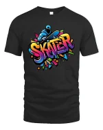 Colorful Urban Skater Graffiti Style Street Art Graphic Tee - black t-shirt on white background