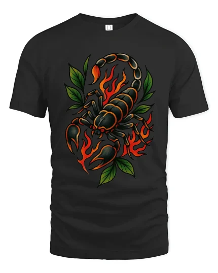 Flaming Scorpion Graphic Tee Bold Fire Tattoo Style Art - black t-shirt on white background
