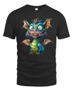 Cute Crazy Dragon Cartoon Graphic Tee Playful Fantasy Art Style - black t-shirt on white background