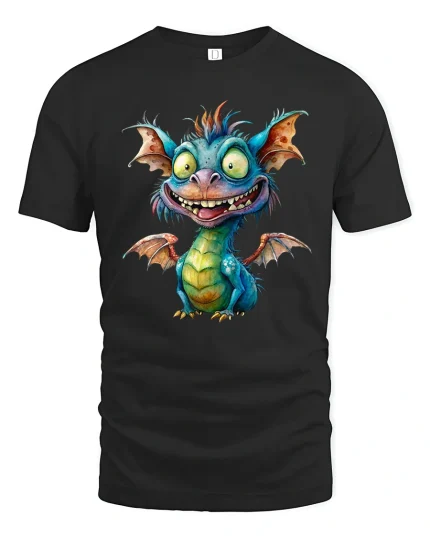 Cute Crazy Dragon Cartoon Graphic Tee Playful Fantasy Art Style - black t-shirt on white background