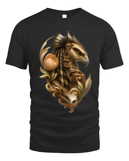 Majestic Hawk Warrior Graphic Tee Ancient Mythic Art Style - black t-shirt on white background