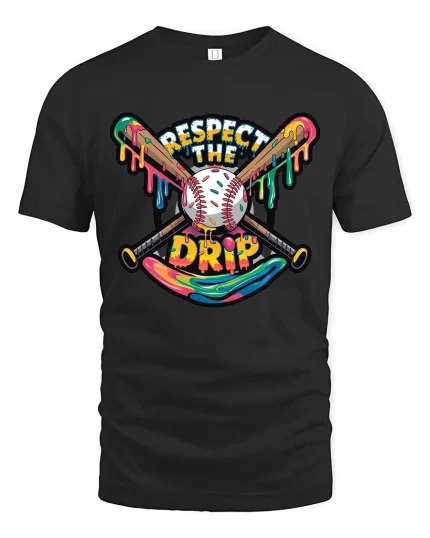 Respect The Drip Baseball Graphic Tee Colorful Street Art Style - black t-shirt on white background