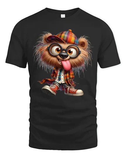 Funny Hipster Bear Graphic Tee Colorful Street Style Attitude - black t-shirt on white background