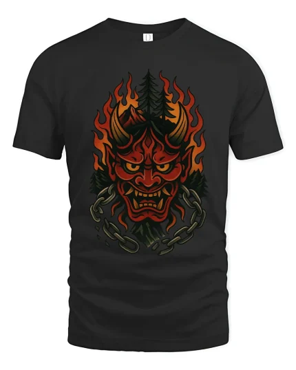 Flaming Oni Forest Mask Tee Dark Spirit Fire Art Design - black t-shirt on white background