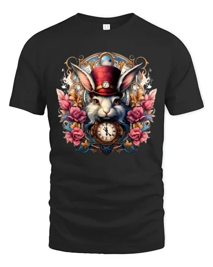 Steampunk White Rabbit Graphic Tee Vintage Clock Fantasy Art - black t-shirt on white background