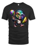 Funny Colorful Monkey Graphic Tee With Banana And Party Vibes - black t-shirt on white background