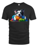 Cute Puppy With Colorful Yarn Graphic Tee Cozy Fun Art Style - black t-shirt on white background