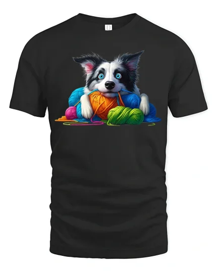 Cute Puppy With Colorful Yarn Graphic Tee Cozy Fun Art Style - black t-shirt on white background