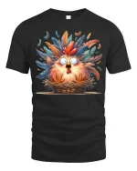 Funny Shocked Chicken In Basket Graphic Tee Colorful Feather Art - black t-shirt on white background