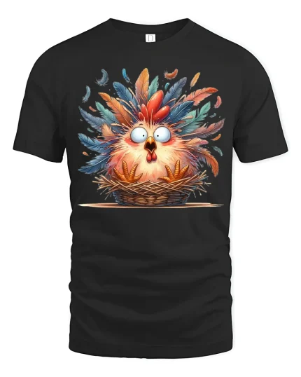 Funny Shocked Chicken In Basket Graphic Tee Colorful Feather Art - black t-shirt on white background