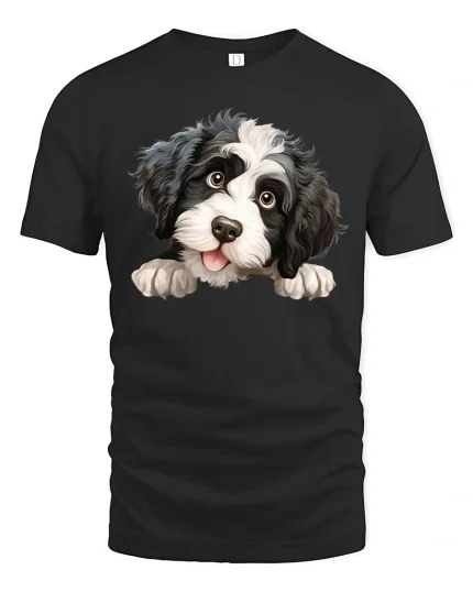 Cute Fluffy Puppy Peekaboo Graphic Tee Adorable Dog Lover Art - black t-shirt on white background
