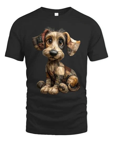 Cute Patchwork Puppy Art Tee Adorable Handmade Style Illustration - black t-shirt on white background