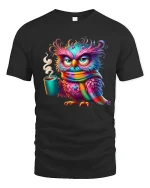 Sleepy Owl Coffee Morning Mood Graphic Tee Cozy Colorful Art - black t-shirt on white background
