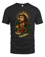 Faith Hope Love Sacred Heart Jesus Christian Art Graphic Tee - black t-shirt on white background