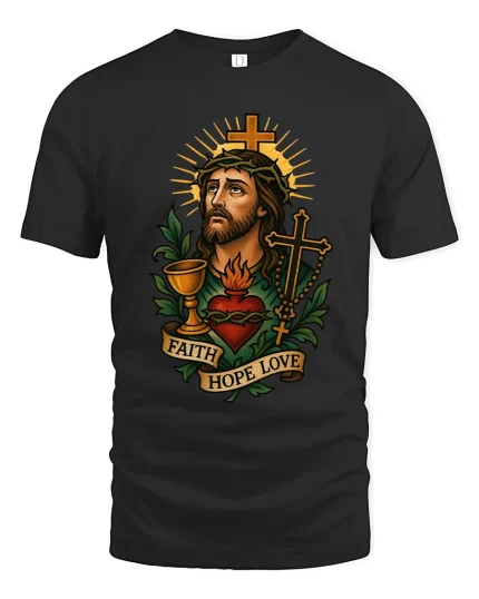 Faith Hope Love Sacred Heart Jesus Christian Art Graphic Tee - black t-shirt on white background