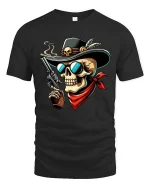 Wild West Skull Gunslinger Cowboy Illustration Bold Graphic Tee - black t-shirt on white background