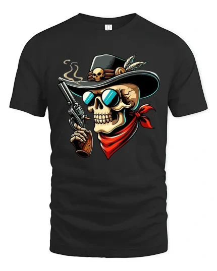 Wild West Skull Gunslinger Cowboy Illustration Bold Graphic Tee - black t-shirt on white background