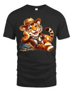 Charming Gentleman Tiger Relaxed Vintage Cartoon Art Tee - black t-shirt on white background