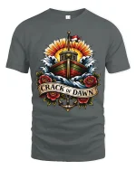Crack of Dawn Nautical Ship Art Tee Bold Vintage Ocean Style - gray t-shirt on white background
