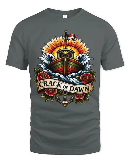 Crack of Dawn Nautical Ship Art Tee Bold Vintage Ocean Style - gray t-shirt on white background