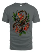 Flaming Scorpion Graphic Tee Bold Fire Tattoo Style Art - gray t-shirt on white background