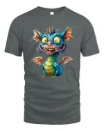 Cute Crazy Dragon Cartoon Graphic Tee Playful Fantasy Art Style - gray t-shirt on white background