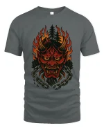 Flaming Oni Forest Mask Tee Dark Spirit Fire Art Design - gray t-shirt on white background