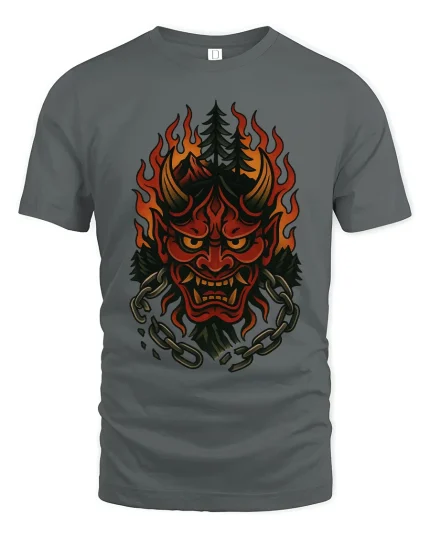 Flaming Oni Forest Mask Tee Dark Spirit Fire Art Design - gray t-shirt on white background