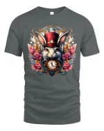 Steampunk White Rabbit Graphic Tee Vintage Clock Fantasy Art - gray t-shirt on white background