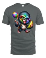 Funny Colorful Monkey Graphic Tee With Banana And Party Vibes - gray t-shirt on white background