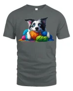 Cute Puppy With Colorful Yarn Graphic Tee Cozy Fun Art Style - gray t-shirt on white background